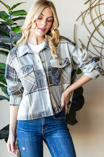 Reborn J Plaid Button Down Long Sleeve Shacket for Women DENIM