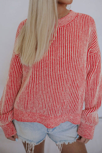Red and Beige Striped Sweater Long Sleeve Acrylic Pullover Hot Pink