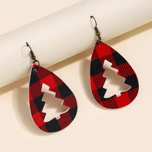 Red and black plaid leather cutout Christmas tree earrings