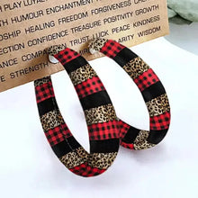 Red and black plaid PU leather hoop earrings with leopard accents
