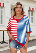Red and Blue Striped Short Sleeve Colorblock T Shirt for Women Red Blue