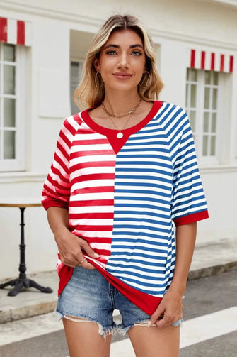 Red and Blue Striped Short Sleeve Colorblock T Shirt for Women Red Blue