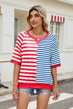Red and Blue Striped Short Sleeve Colorblock T Shirt for Women