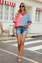 Red and Blue Striped Short Sleeve Colorblock T Shirt for Women