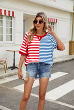 Red and Blue Striped Short Sleeve Colorblock T Shirt for Women