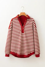 Red and cream stripe johnny collar drop shoulder sweatshirt