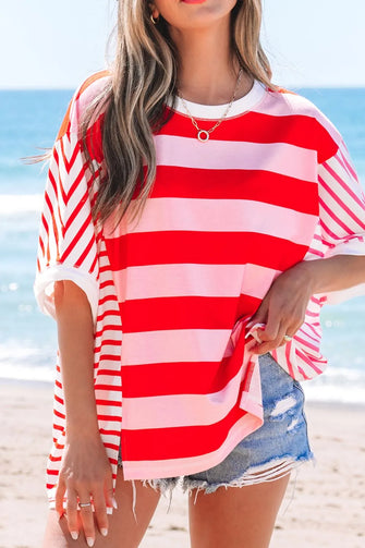 Red and Pink Striped Oversized Beach Cover Up T Shirt Red