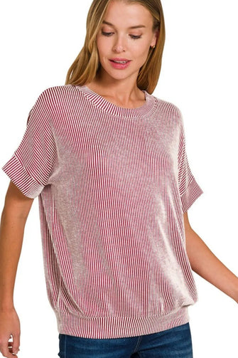 Red and White Corded Rib Short Sleeve T Shirt for Women DK RED