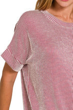 Red and White Corded Rib Short Sleeve T Shirt for Women