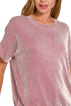 Red and White Corded Rib Short Sleeve T Shirt for Women
