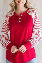 Red and White Heart Pattern Raglan Blouse for Women Red