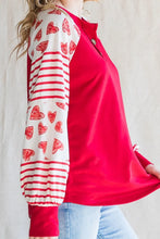 Red and White Heart Pattern Raglan Blouse for Women