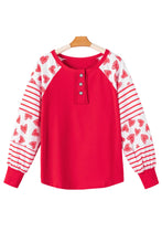 Red and White Heart Pattern Raglan Blouse for Women