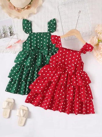 Red and White Polka Dot Tiered Kids Dress with Bow Scarlet