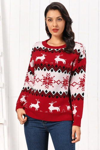 Red and White Reindeer Christmas Sweater Long Sleeve Pullover Deep Red