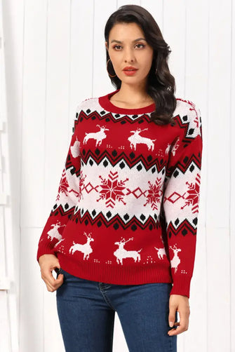 Red and White Reindeer Christmas Sweater Long Sleeve Pullover Deep Red Sweater Pullovers