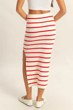 Red and white striped bodycon sweater skirt with side slit