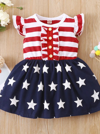 Red and White Striped Patriotic Baby Dress with Ruffles and Buttons Red Blue White