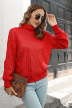 Red Cable Knit Turtleneck Sweater Long Sleeve Pullover