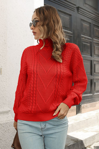 Red Cable Knit Turtleneck Sweater Long Sleeve Pullover Red