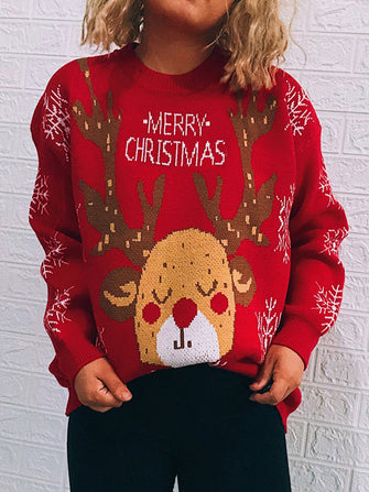 Red Christmas Reindeer Sweater Long Sleeve Pullover Red