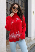 Red Christmas Sweater Long Sleeve Length Patterned Ribbed Turtleneck Pullover