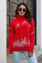 Red Christmas Sweater Long Sleeve Length Patterned Ribbed Turtleneck Pullover