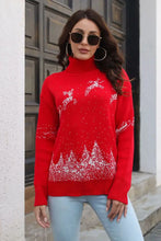 Red Christmas Sweater Long Sleeve Length Patterned Ribbed Turtleneck Pullover Sweater Pullovers