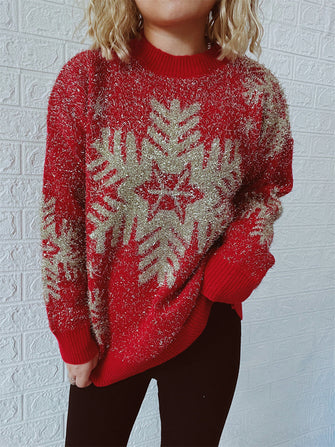 Red Christmas Sweater with Gold Snowflakes and Slightly Stretchy Material Deep Red