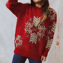 Red Christmas Sweater with Gold Snowflakes Long Sleeve Pullover