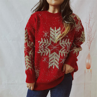 Red Christmas Sweater with Gold Snowflakes Long Sleeve Pullover Red