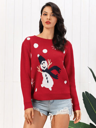 Red Christmas Sweater with Snowman Long Sleeve Stretch Pullover Deep Red