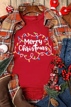 Red Christmas theme women’s t-shirt with lights and plaid jacket