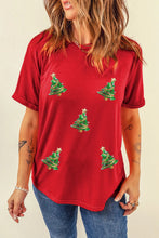 Red Christmas Tree Sequin T Shirt for Women Deep Red