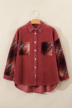 Red corduroy shirt jacket with pixelated pocket and patchwork details