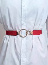 Red elastic PU belt with gold double ring buckle