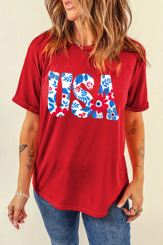 Red Floral USA Graphic T-Shirt for Women Deep Red