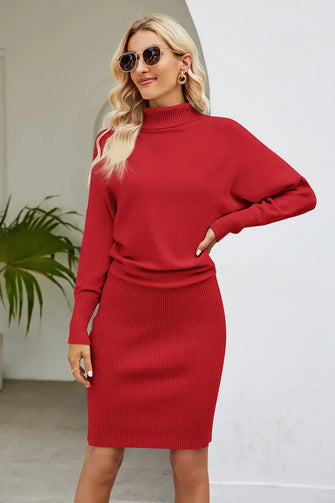 Red Knit Turtleneck Long Sleeve Sweater Dress for Women Red