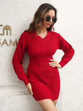 Red Knit V-Neck Sweater Dress with Regular Fit and Moderate Sleeve Length