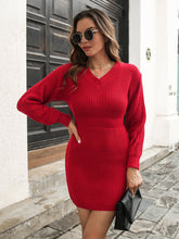 Red Knit V-Neck Sweater Dress with Regular Fit and Moderate Sleeve Length Deep Red