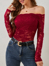 Red Lace Off Shoulder Semi Sheer Top for Women Scarlet