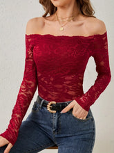 Red Lace Off Shoulder Semi Sheer Top for Women
