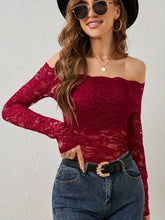 Red Lace Off Shoulder Semi Sheer Top for Women Woman T Shirts
