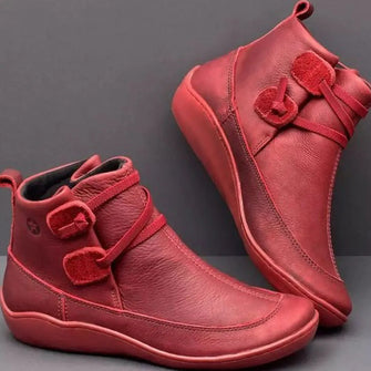 Red Leather Ankle Boots with Buckle Detail and Side Zipper for Women Deep Red
