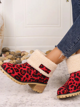 Red Leopard Print Ankle Boots with Faux Fur Trim for Women Scarlet