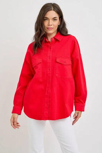 Red Long Sleeve Denim Shacket for Women Scarlet