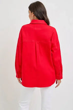 Red long sleeve denim shacket with collared shirt for women