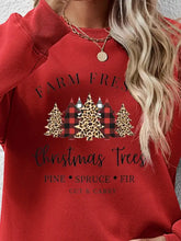 Red graphic round neck long sleeve sweatshirt with plaid and leopard Christmas trees