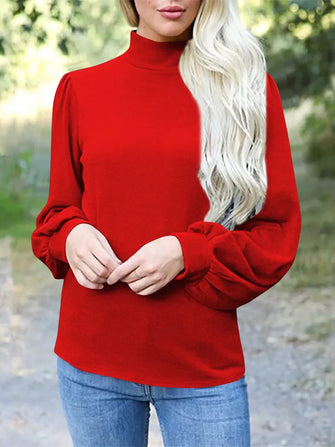 Red Long Sleeve Turtleneck Blouse with Balloon Sleeves Orange-Red