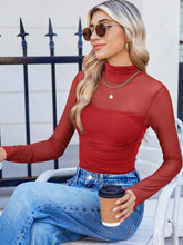 Red Mesh Long Sleeve Turtleneck Top for Women Deep Red